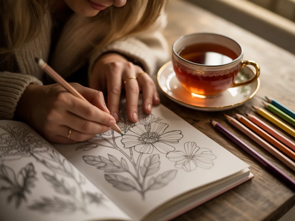 Close-up of hands coloring a botanical illustration with a cup of Vietnamese tea nearby